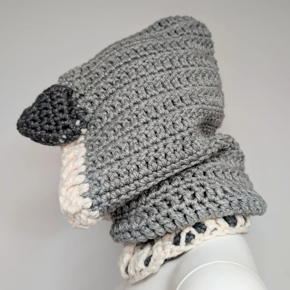 Handmade Crochet Gray & Cream Wolf Head Cowl Hood Scarf With Ears Beenie Hat